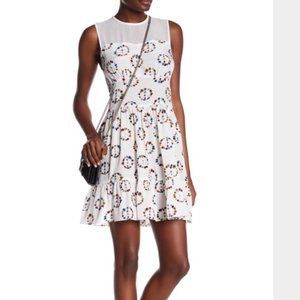 Sandro Floral Peace Sign Mini Dress Silk Sheer Mesh Illusion Neckline NEW
